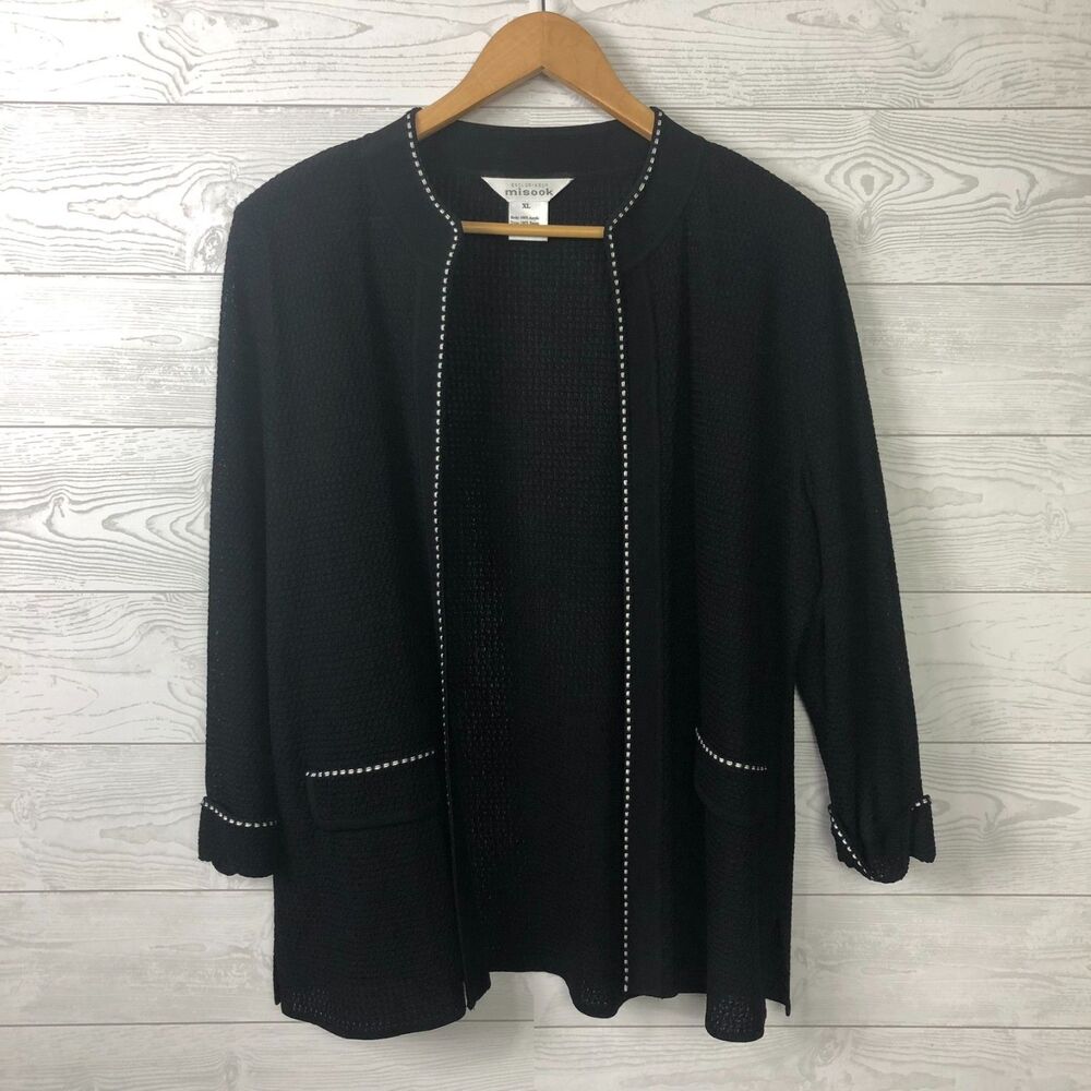 Exclusively Misook Women's XL Knit Cardigan Sweater Open Front 3/4 Sleeve Black